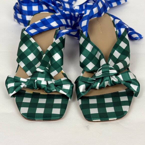 Ann Taylor Lizette Gingham Wrap Sandals Green/Blue Size 7 Wood Heel - Picture 8 of 10